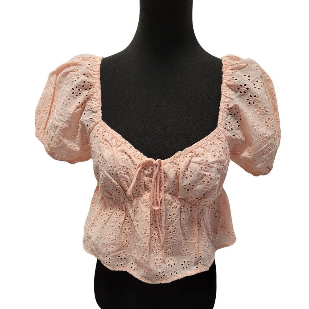 Heatherly Pastel Peach Eyelit Blouson Penelope Crop Top Size M